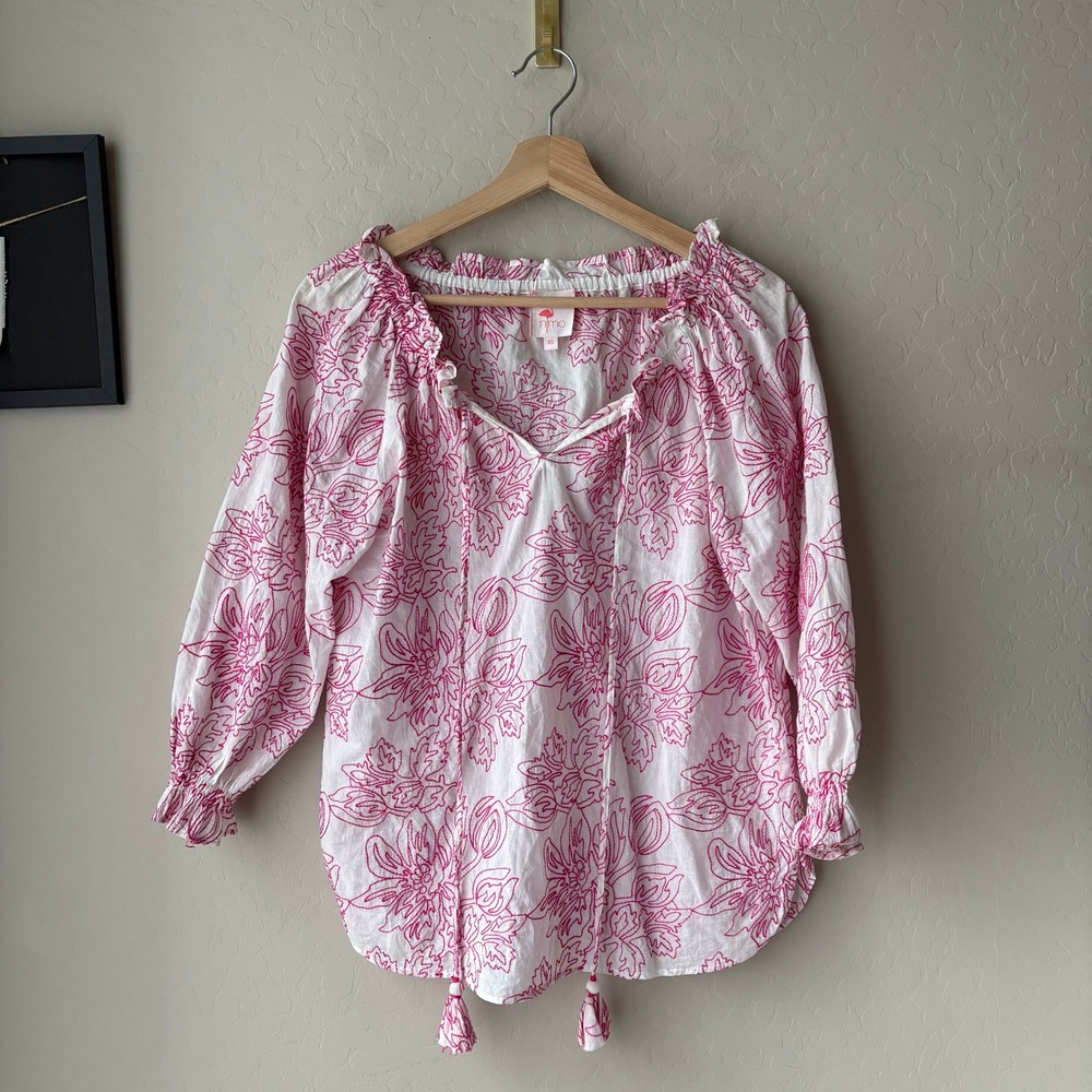 Nimo With Love Blouse White Pink Floral Embroidered Tassel Boho Top‎ Size XS